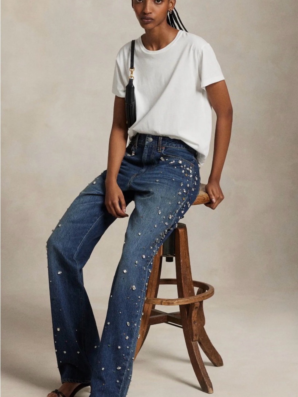 Polo Ralph Lauren Lugo wash jewel detail wide leg jeans in dark blue